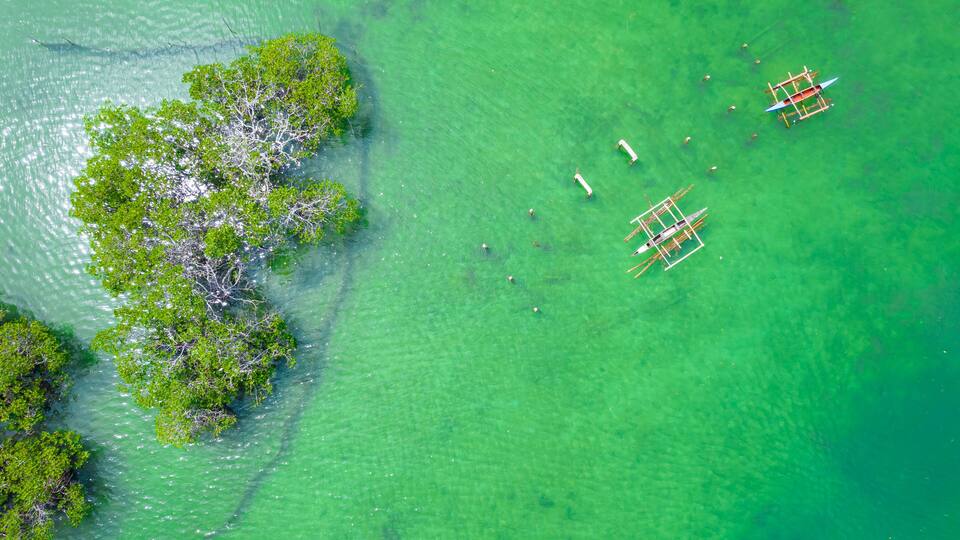 An aerial view of a green island with clear water and several small boats.
