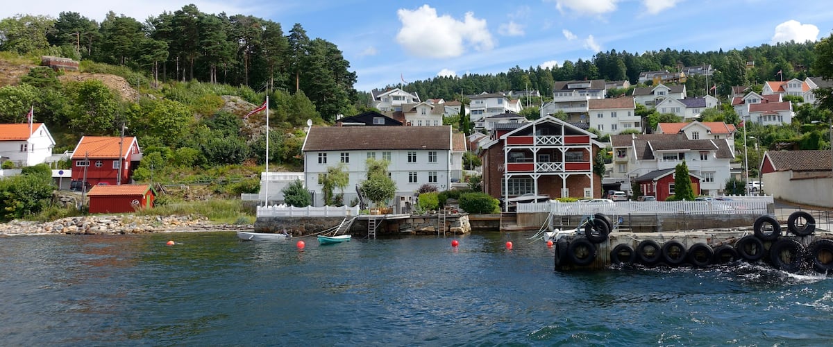 A coastal town with houses, a dock, and a hill with trees.