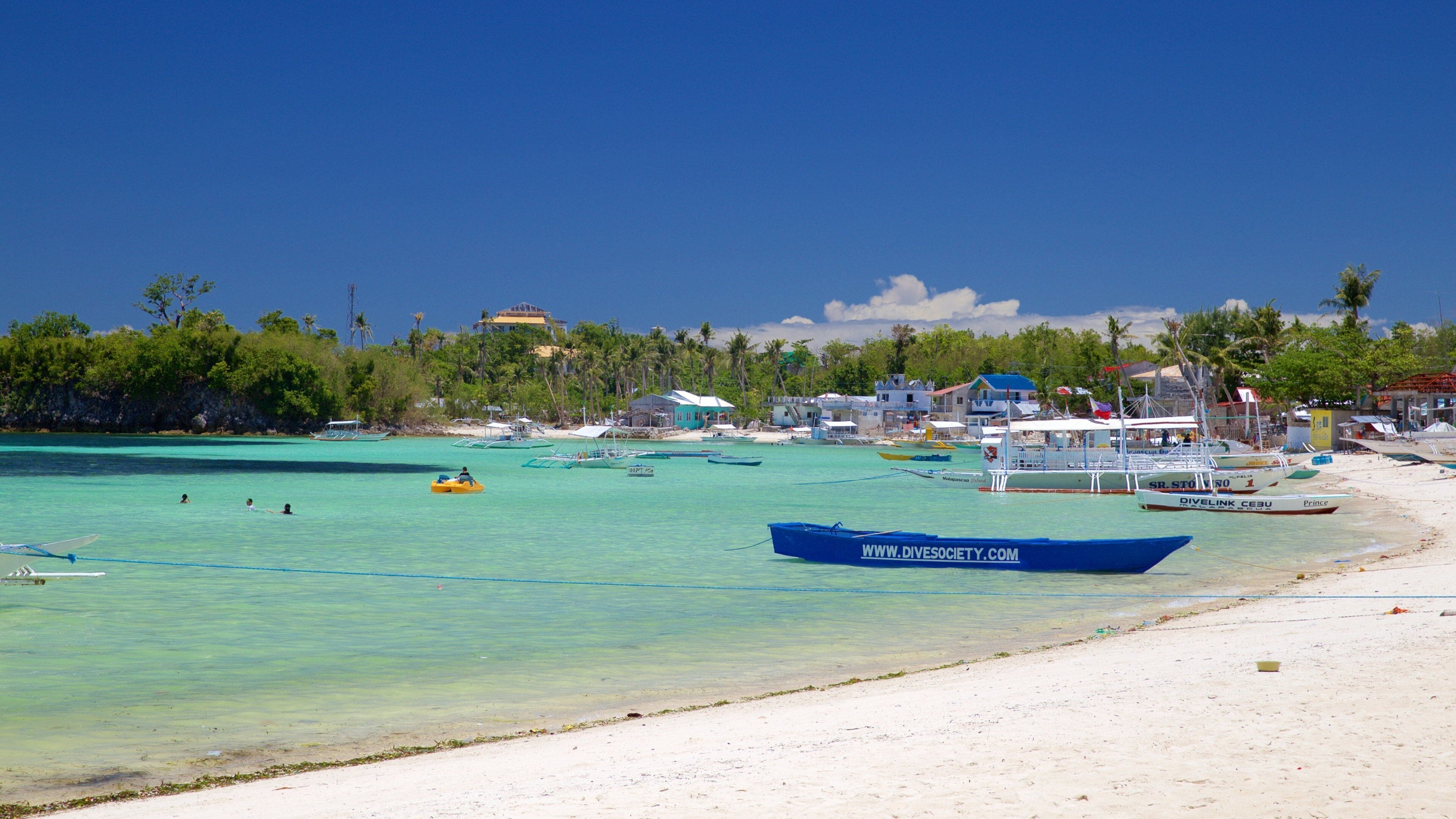 A beach with clear turquoise waters, a sandy shore, and several boats, including a prominent blue one with "WWW.DIVESOCIETY.COM" on it.
