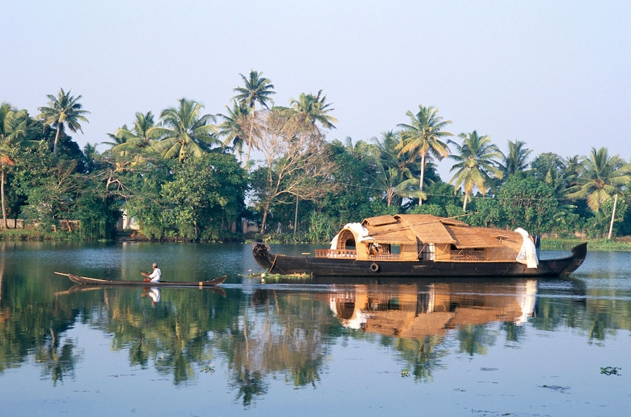 Tourists' rice boat on the backwaters near Kayamkulam, Kerala
