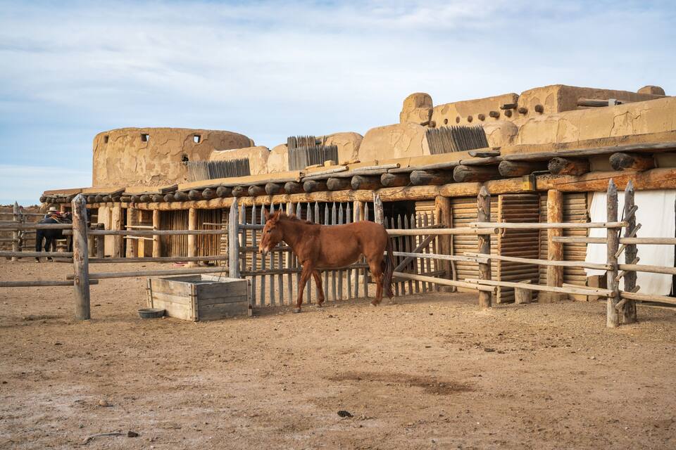 Un cavall dins un recapatge amb paisatge desert i antigues construccions de pedra al fons.