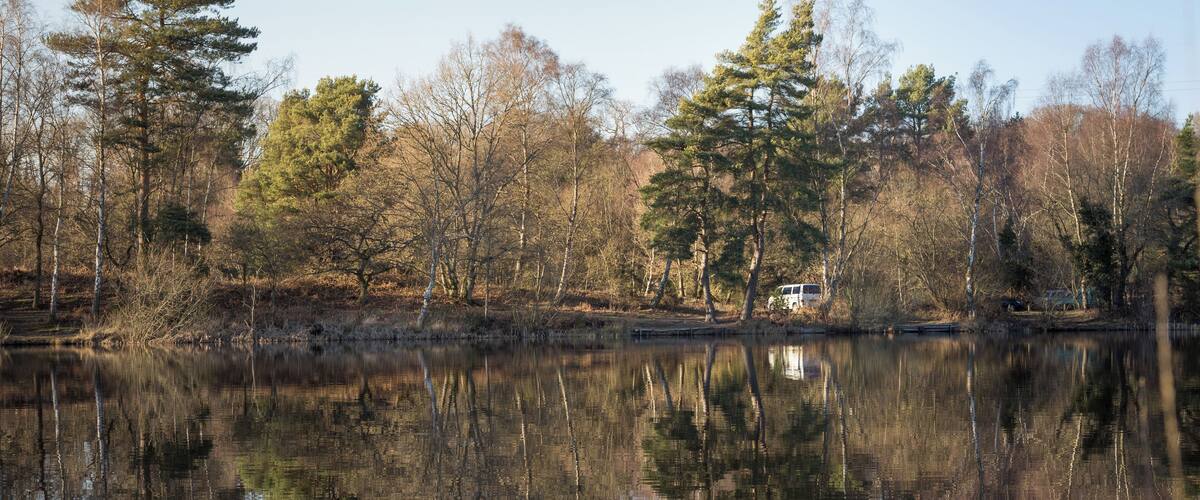 A calm lake with reflections of trees and a vehicle.