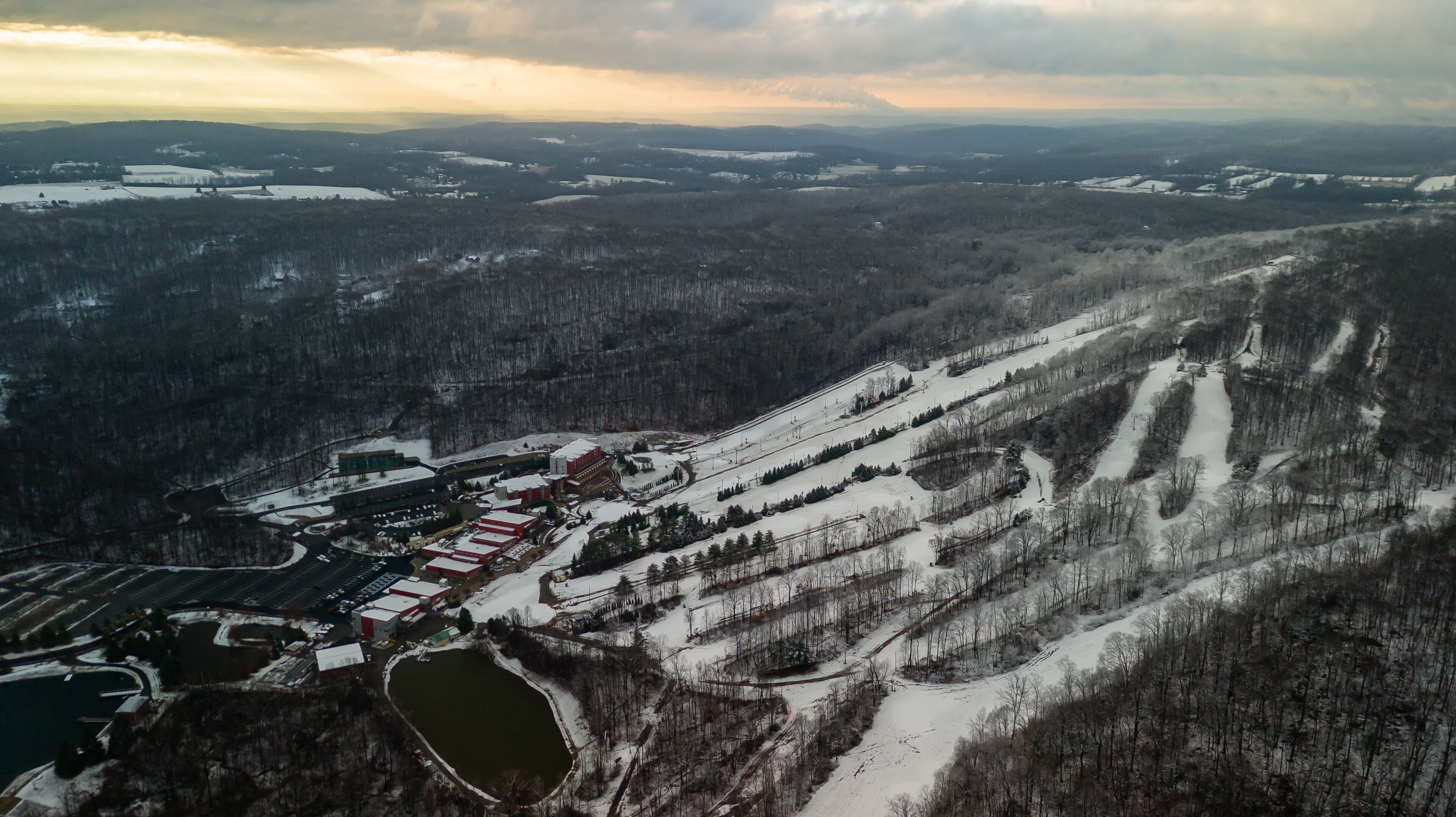 Aerial of Poconos mountain with snow 