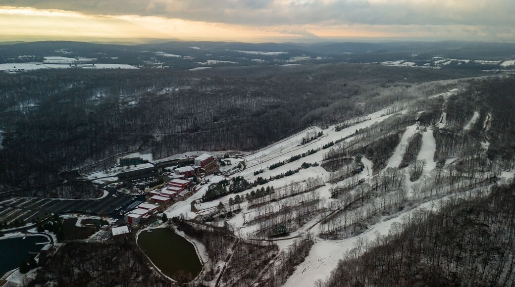 Aerial of Poconos mountain with snow