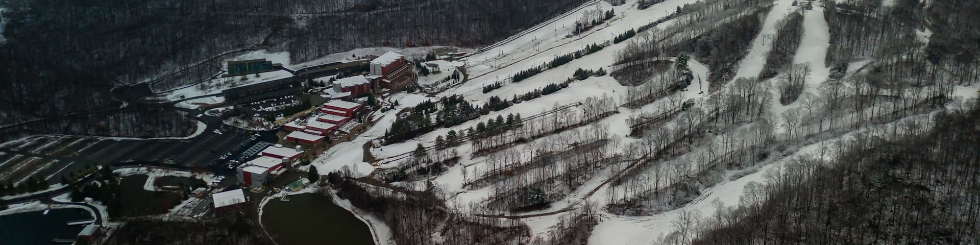 Aerial of Poconos mountain with snow