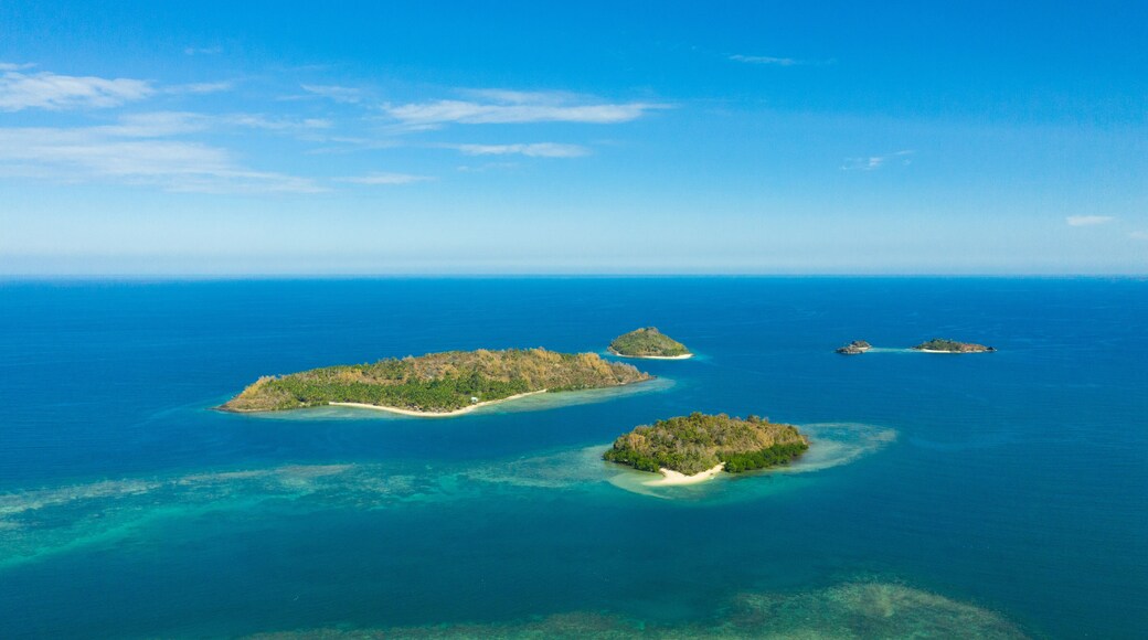 Aerial view of Seascape with beautiful beach and tropical islands. Sallangan Islands, Simoadang Island. Mindanao, Philippines.