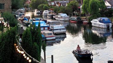 A canal with boats docked along the sides, surrounded by trees and buildings.