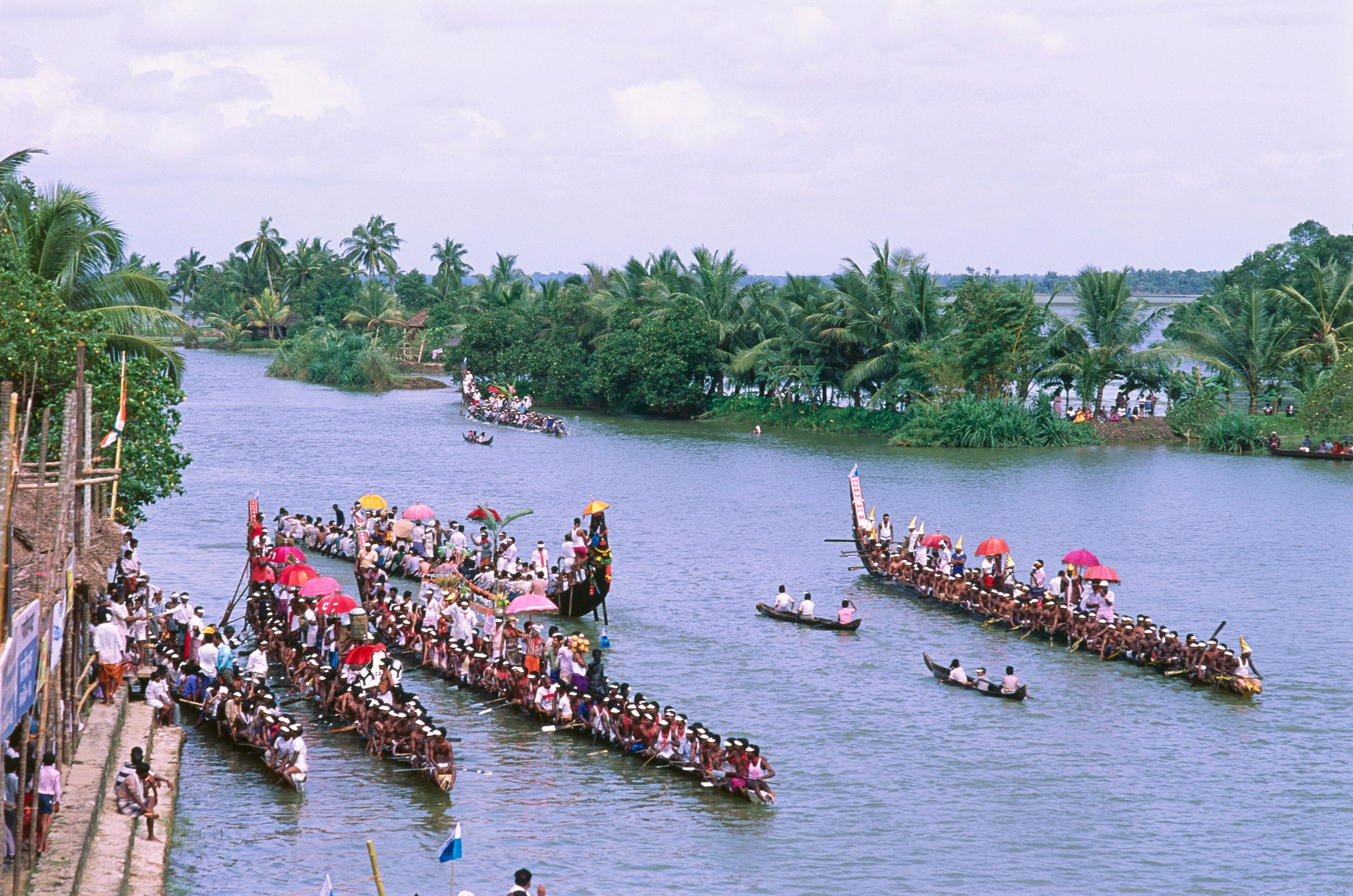 A river with multiple long boats filled with people, surrounded by lush greenery and palm trees.