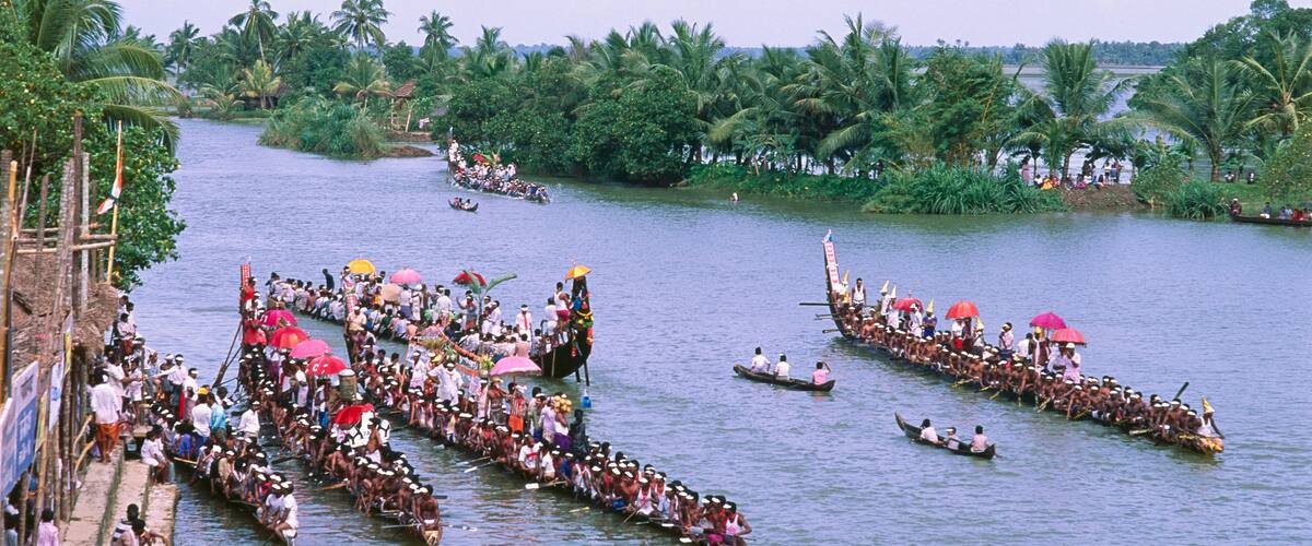 A river with multiple long boats filled with people, surrounded by lush greenery and palm trees.