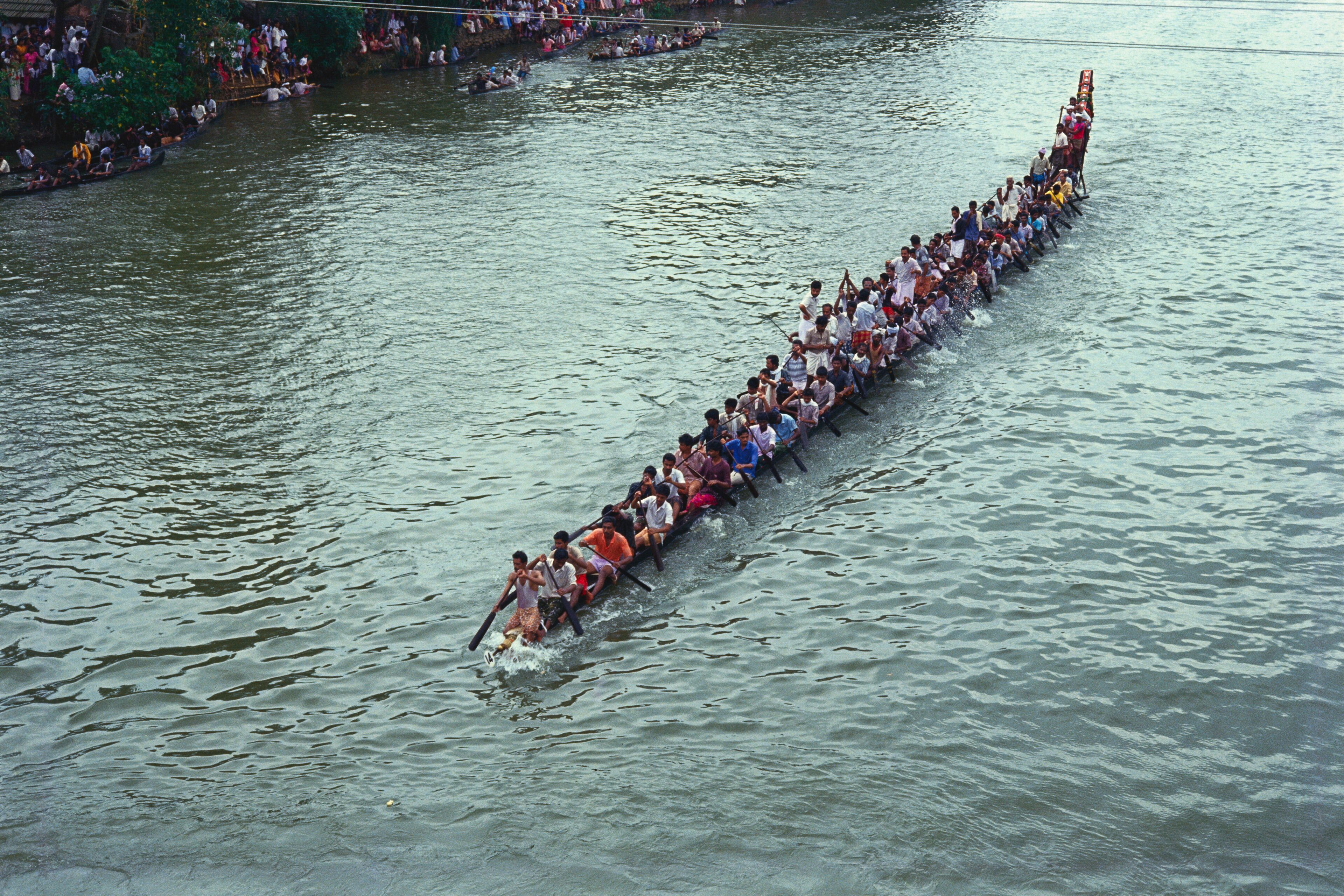 Aerial view of Boat Race Festivals, Snake Boat Race, Peyipad jalostavam for Haripad Subramanya Temple, Kerala, india