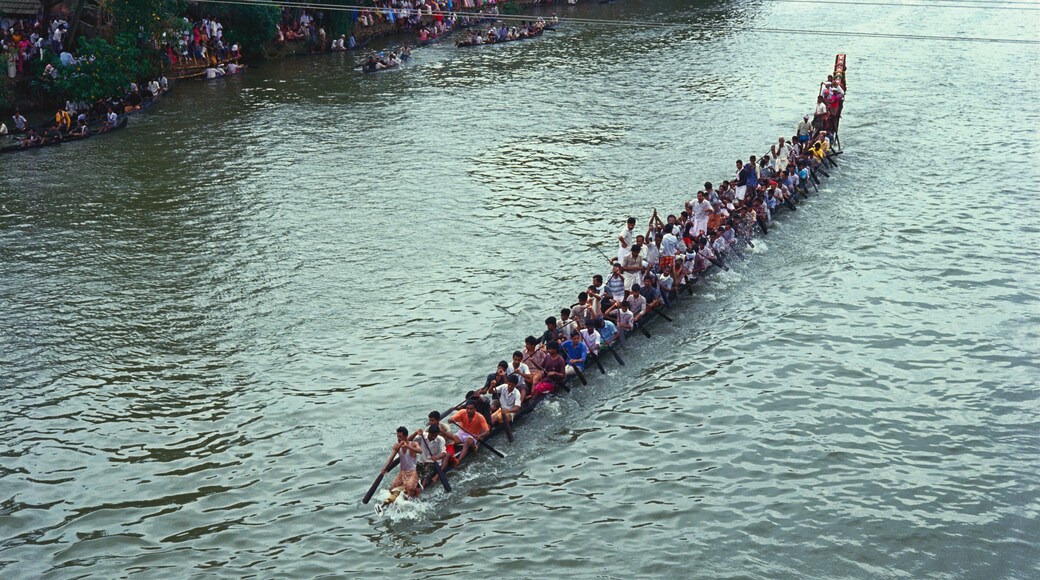 Aerial view of Boat Race Festivals, Snake Boat Race, Peyipad jalostavam for Haripad Subramanya Temple, Kerala, india