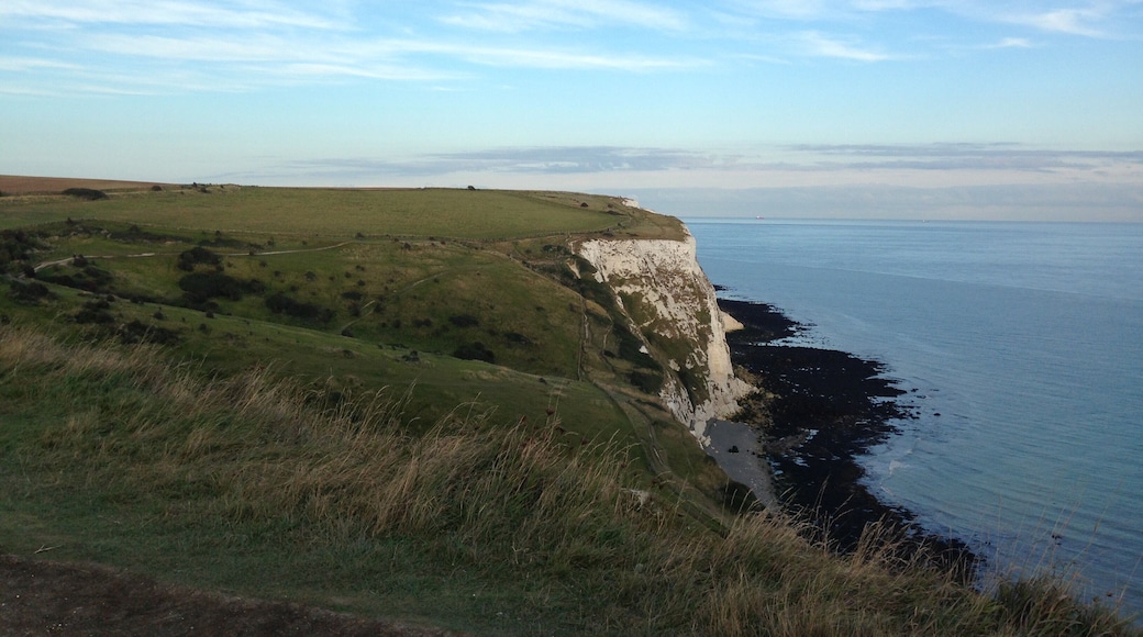 The White Cliffs of Dover, part of the North Downs formation, is the name given to the region of English coastline facing the Strait of Dover and France. The cliff face, which reaches a height of 350 feet, owes its striking appearance to its composition of chalk accented by streaks of black flint.