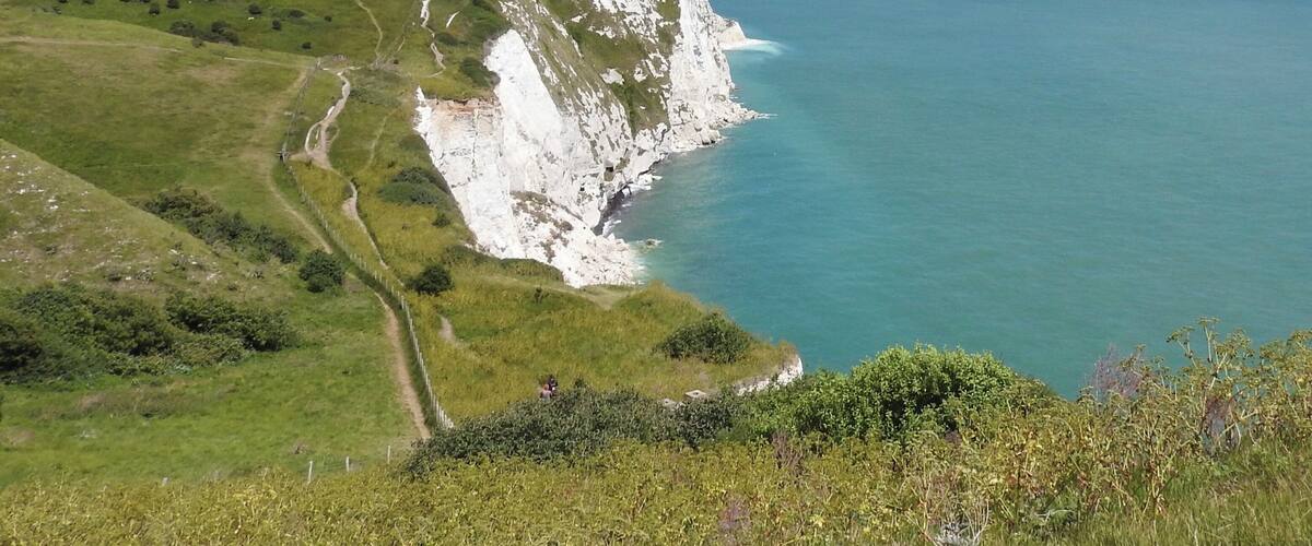 Dover, England, is a major port for ferries to Calais, France. The White Cliffs of Dover form part of the English coastline facing the Strait of Dover and France. The cliff face, which reaches a height of 350 feet (110 m), owes its striking appearance to its composition of chalk accented by streaks of black flint. The cliffs, on both sides of the town of Dover in Kent, stretch for eight miles (13 km). June 2017