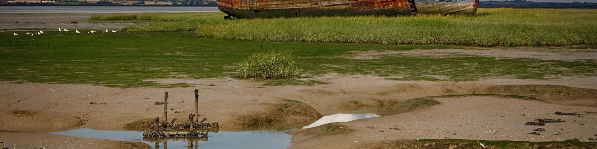 Wreck of an old boat, sitting just off the river side at Motney Hill, North Kent.
Part of the Riverside Country Park, this coastal walk takes in a varied amount of wildlife, from many species of birds who dwell in the salt marshes and mudflats to the seals often seen sitting on the little islands dotted around the estuary.