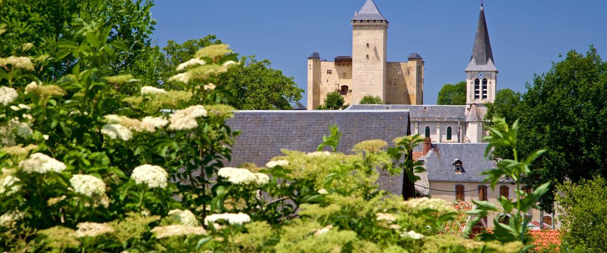 A historic castle with a prominent tower and a church with a spire.
