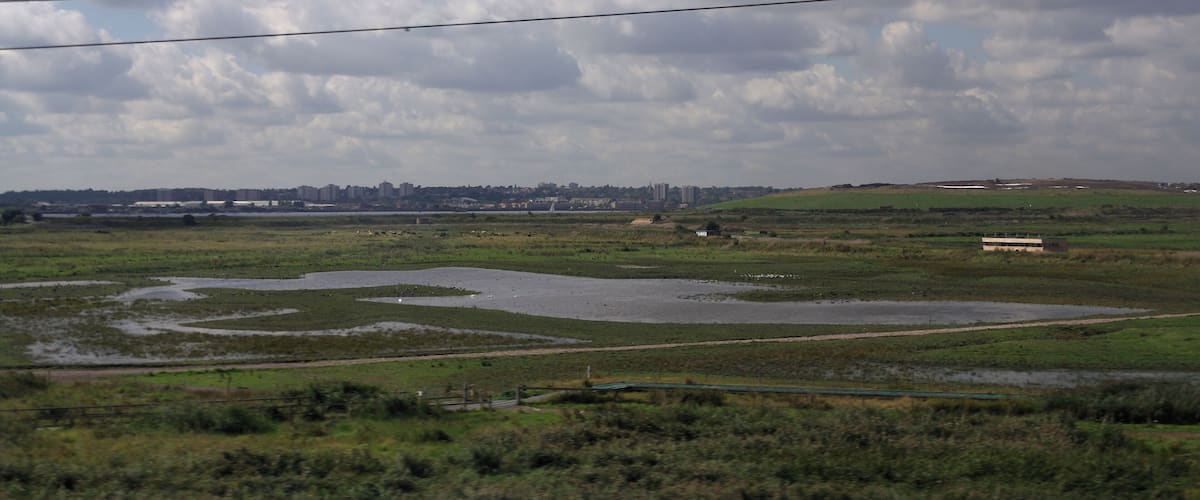 A landscape with a city skyline in the distance, a large open field with water bodies, and power lines overhead.