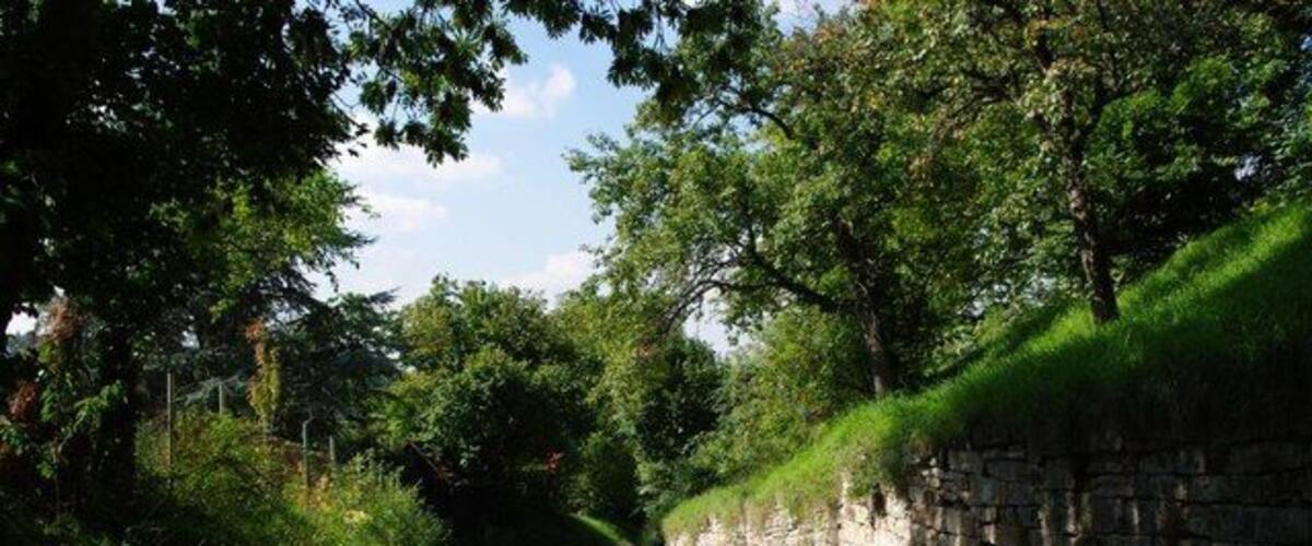 A narrow rural road flanked by stone walls and lush greenery.