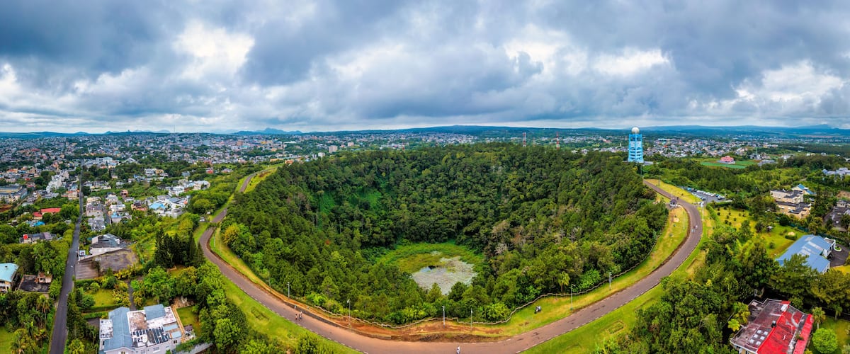 A circular forested area with a central pond, surrounded by residential buildings and a distant cityscape under cloudy skies.