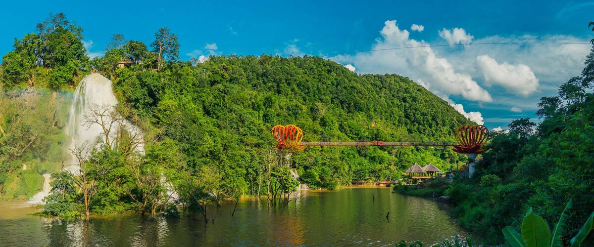 Dai Yem waterfall and red heart bridge. This is a nice waterfall in Moc Chau, Son La province, Vietnam.