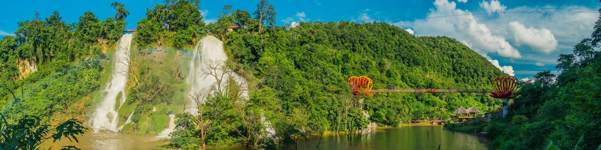 Dai Yem waterfall and red heart bridge. This is a nice waterfall in Moc Chau, Son La province, Vietnam.