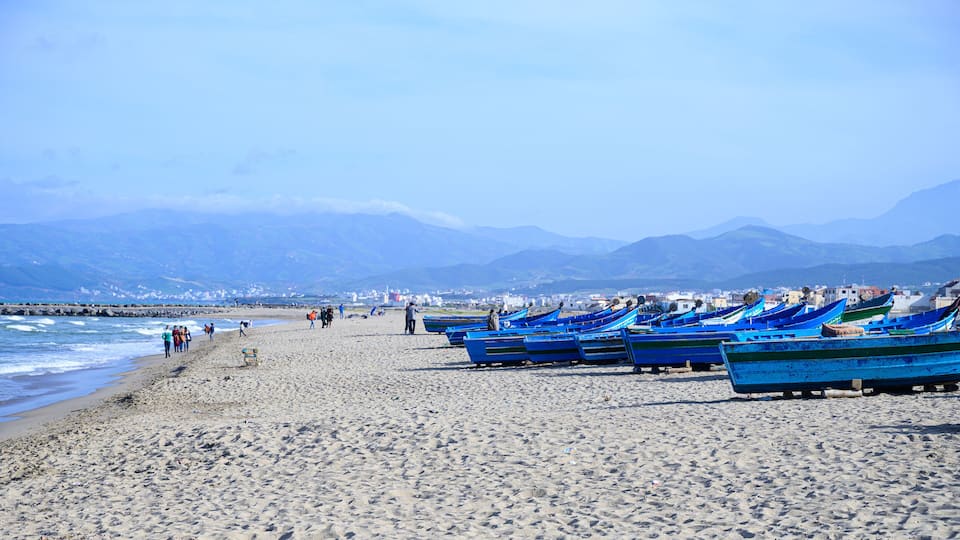 A beach with rows of blue boats and mountains in the background.