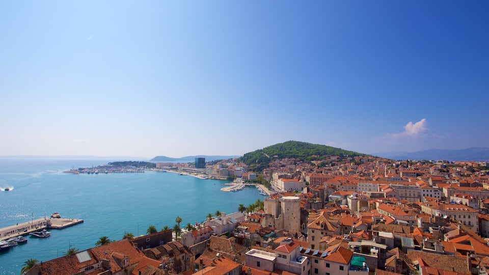 A coastal city with a harbor, historic buildings, and a hill in the background.