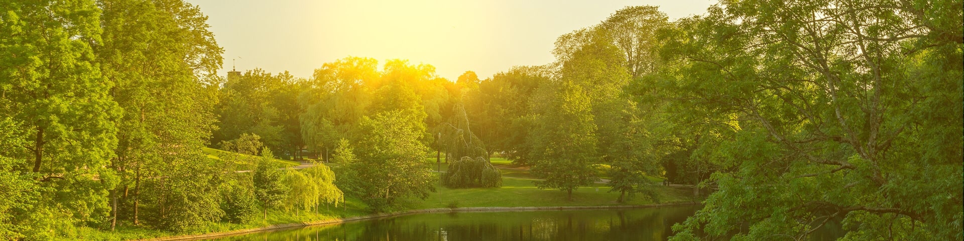 Lake sunny landscape in Frogner park, Oslo, Norway
