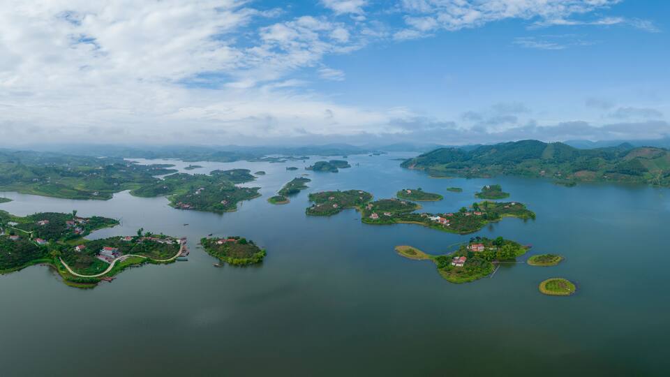 Aerial view of Cam Son lake, Luc Ngan landscape, Bac Giang, Vietnam