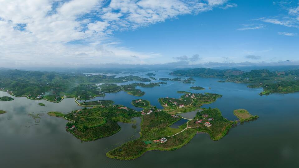 Aerial view of Cam Son lake, Luc Ngan landscape, Bac Giang, Vietnam