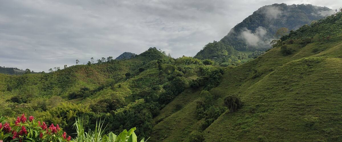 Lush green hills, a mountain in the background, and a cloudy sky.