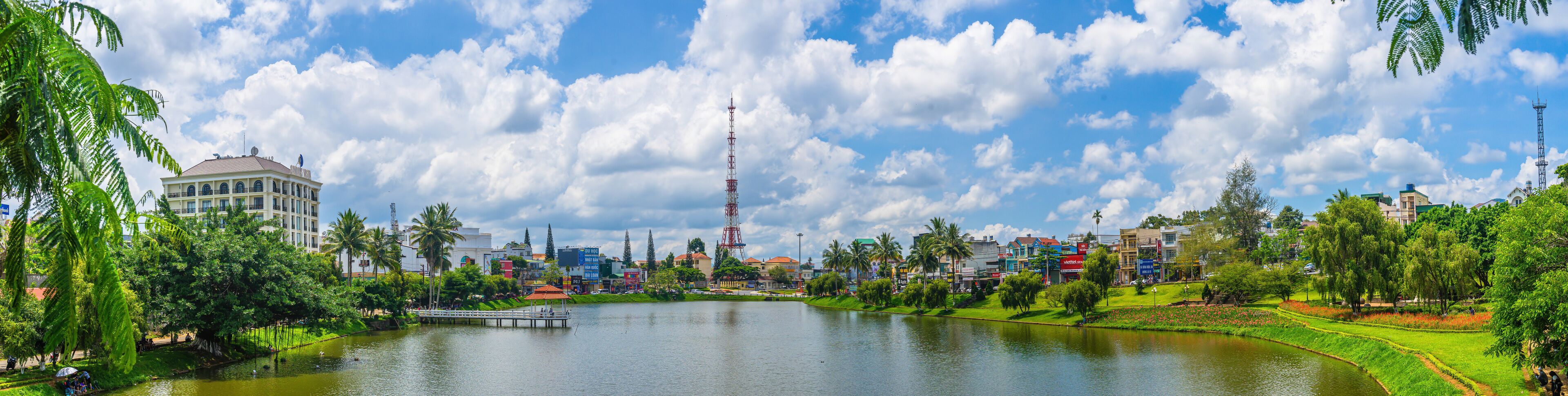 view of small Dong Nai lake - a central lake in Bao Loc city, Lam Dong province, Vietnam. It is a nice beside big TV tower.