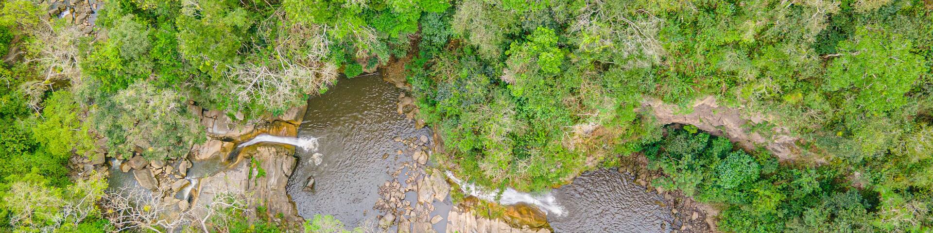 Aerial View of Lush Green Forest and Serene River in Villeta, Cundinamarca, Colombia