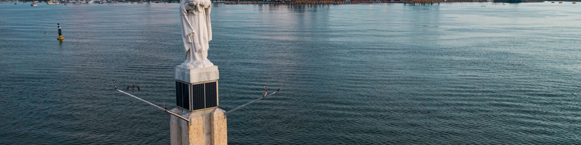 Una estatua en el agua, con el perfil de la ciudad al fondo.
