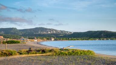 A beach with thatched-roof huts, a calm sea, and green hills in the background.