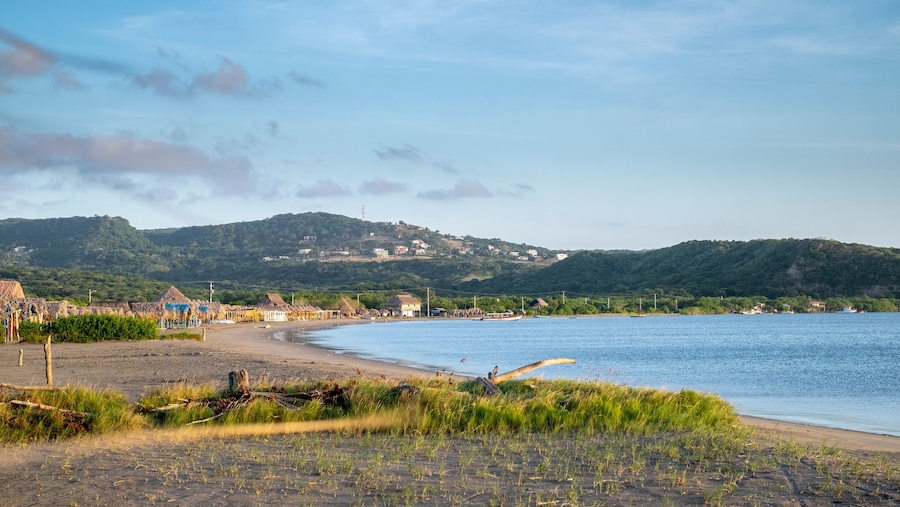 Una playa con cabañas de techo de paja, un mar tranquilo y colinas verdes al fondo.