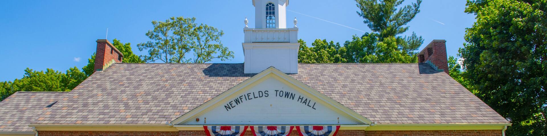 Newfields Town Hall at 65 Main Street in historic town center of Newfields, New Hampshire NH, USA.