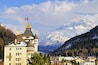 A snow-covered mountain, a castle with a flag, and a town with buildings.