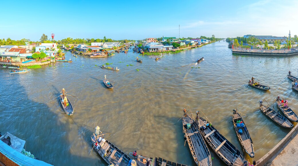 Ferry rowing takes visitors or agricultural products across river floating market , this is main transportation Lunar New Year in Soc Trang, Vietnam
