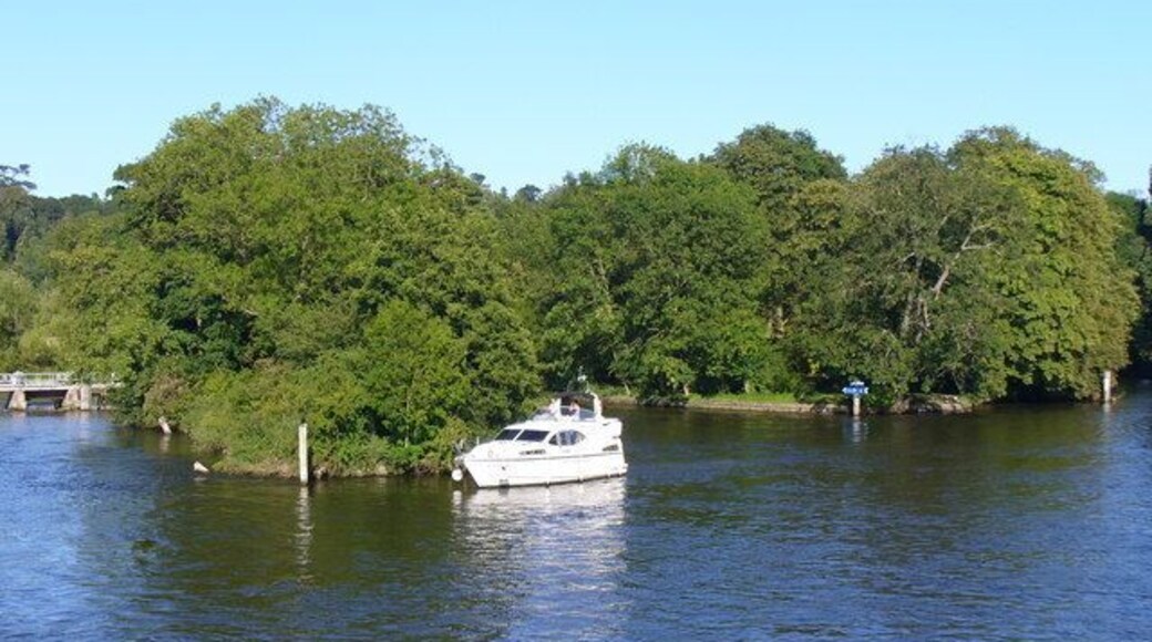 From Cookham Bridge Looking eastwards onto the River Thames. An islet sits in the river - weir to the left, navigable channel to the right above.