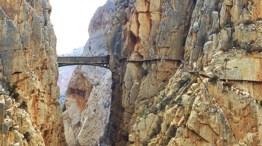 "The King's Little Pathway" spans the El Chorro gorge at a height of 100m. It was built in the early 1900s as an access path between nearby hydroelectric plants. The bridge got it's name in 1921 when King Alfonso XIII crossed it to help inaugurate a new dam.
The path rises to the bridge from either side of the gorge, snaking dramatically along the sheer cliff face. In recent years the path has been closed to all but rock-climbers, as many portions of the pathway had crumbled away.
However, the Spanish government recently completed a three-year restoration of the pathway, including guardrails, and it just opened yesterday - March 28, 2015! The 6€ entrance fee will be waived for the first six months, but you'll need to make reservations in advance: http://bit.ly/1BzhH8Y. Also, bear in mind that the path is one-way, so check the return bus schedule, or book a return crossing as well!
Lonely Planet has ranked the new pathway as one of the hottest new travel experiences for 2015. And finally, here is a link to a cool video of the restoration process: http://bit.ly/1vCkulv