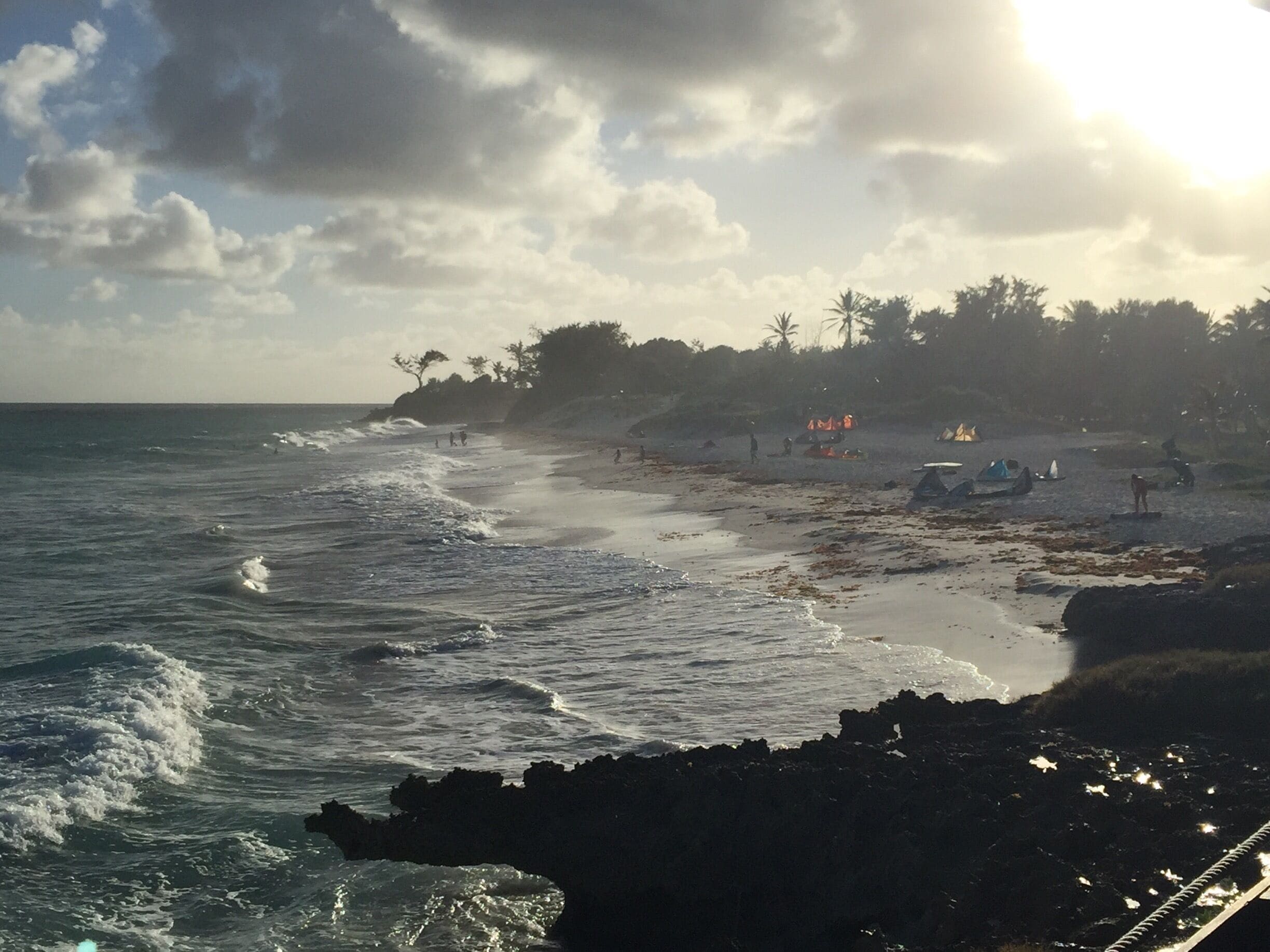 Una playa con olas, tiendas de campaña y palmeras.