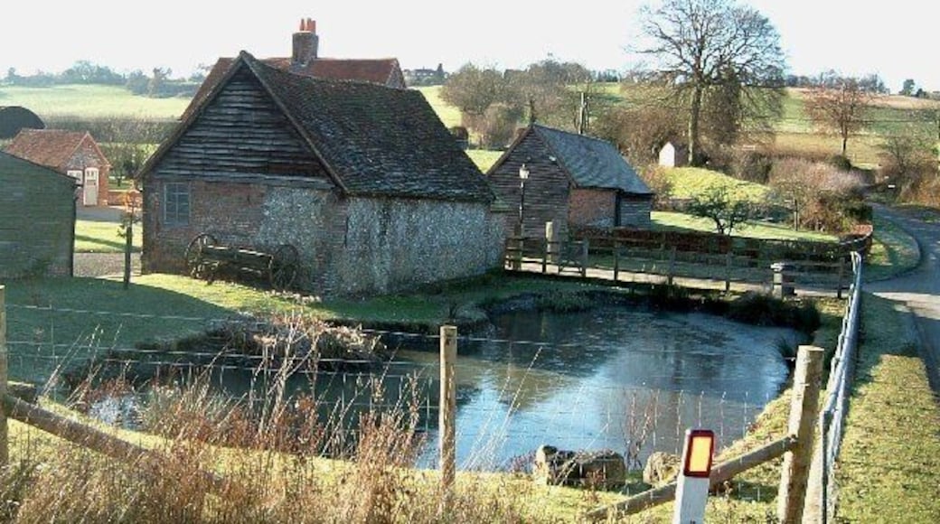 Slough Bottom Farm. This farm nestles in rolling countryside near the village of Saunderton. The pond was partly frozen due a sharp frost the previous night.