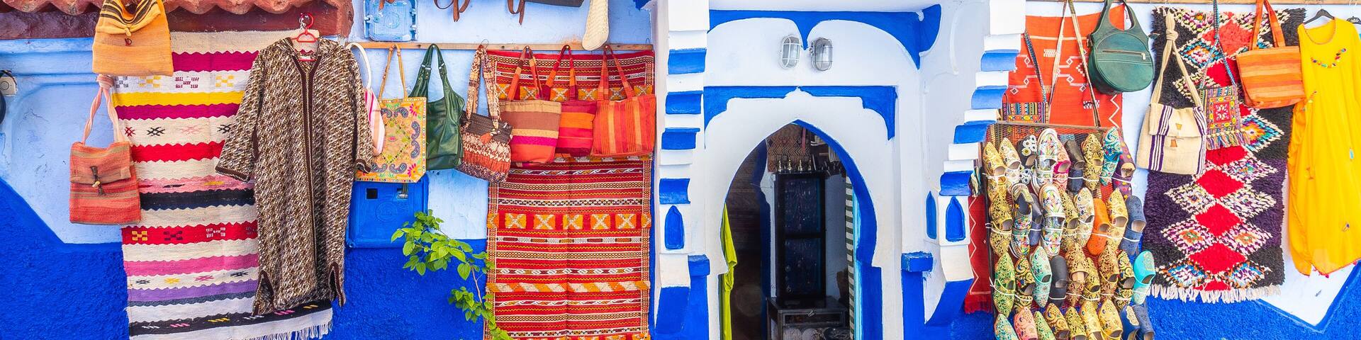 Street with souvenirs in Chefchaouen, Morocco, North Africa