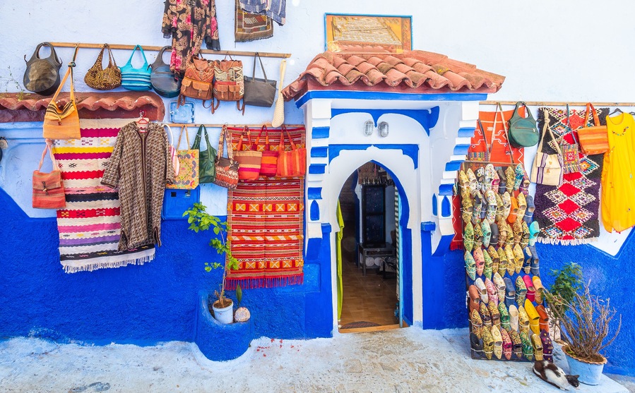 Street with souvenirs in Chefchaouen, Morocco, North Africa