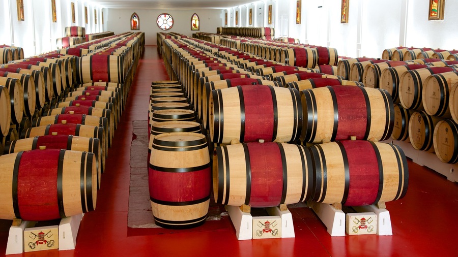 De longues rangées de barriques en bois, disposées dans un lieu qui ressemble à une église.