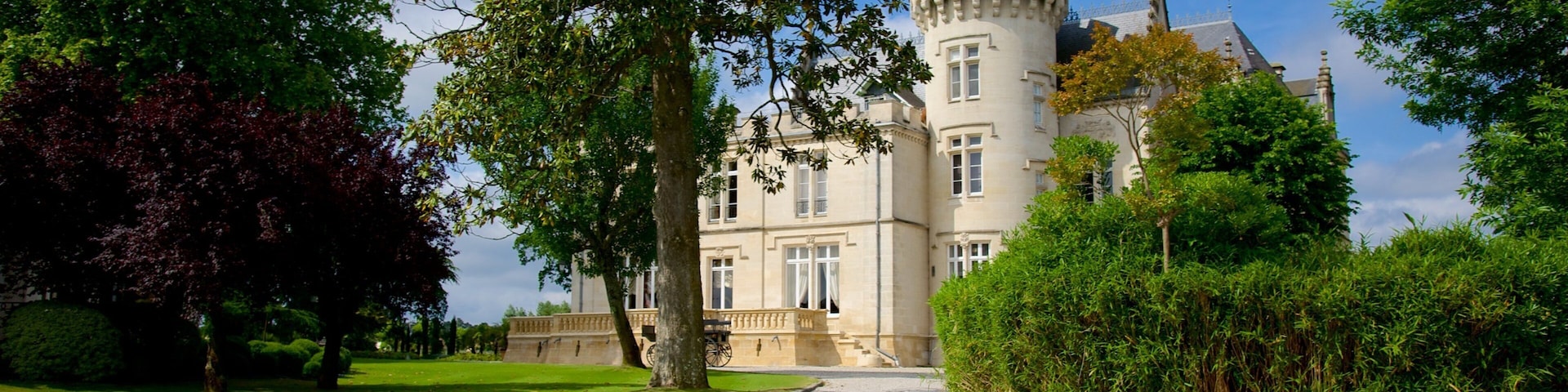 A castle with a tower, surrounded by trees and a gravel path.