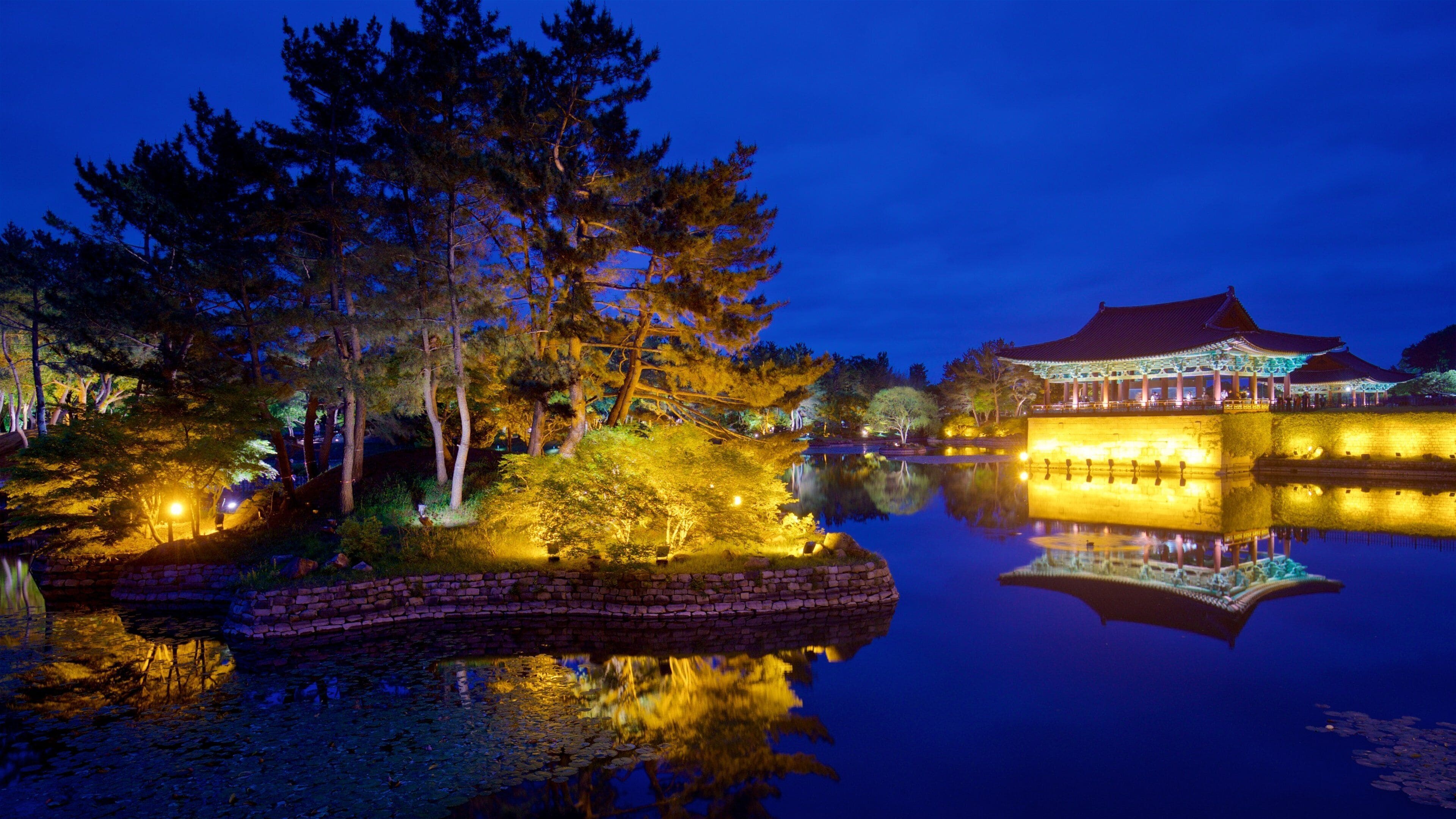 Gyeongju Donggung Palace and Wolji Pond showing a lake or waterhole and night scenes