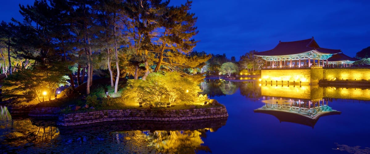 Gyeongju Donggung Palace and Wolji Pond showing a lake or waterhole and night scenes