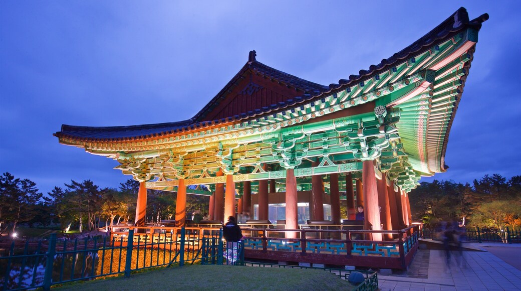 Gyeongju Donggung Palace and Wolji Pond showing night scenes and heritage elements