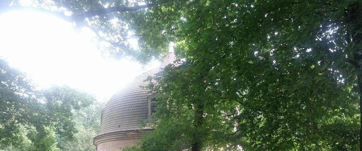 A historic building with a dome, surrounded by lush greenery and a pathway.